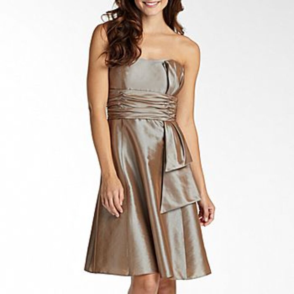 London Style Strapless Taffeta Dress with Side Bow, Size 4, Gold Dusk